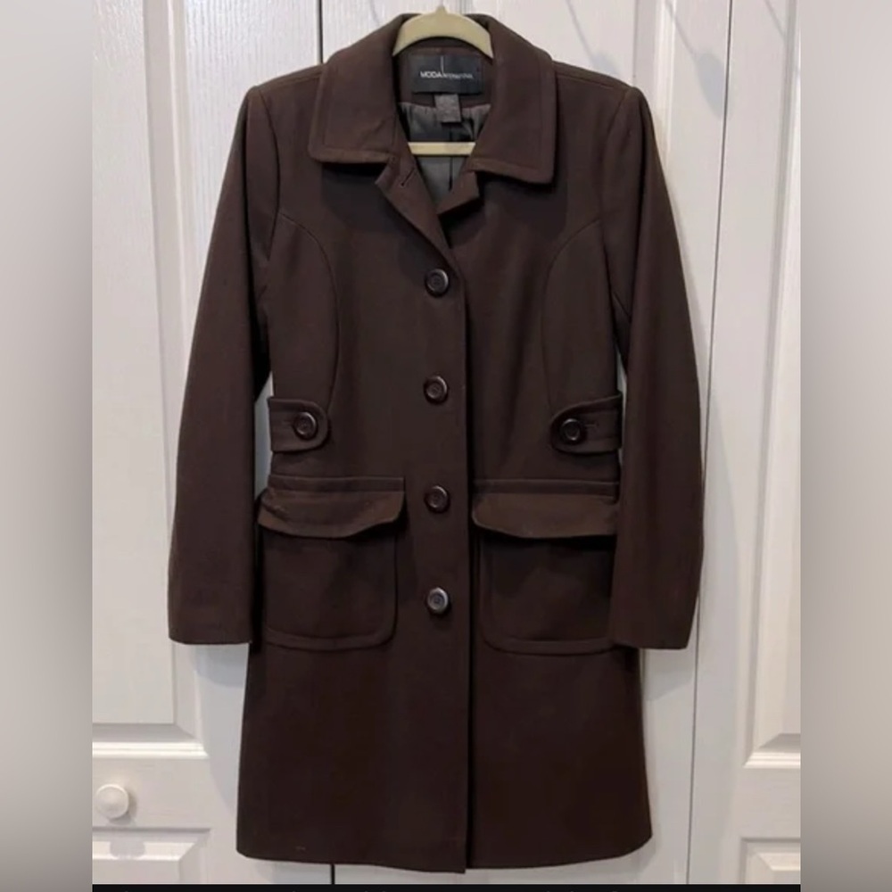 Moda International Women's Size 6P Brown Textured Wool Button Up Pea-Coat